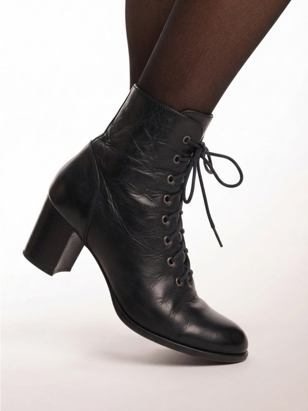 Fabianelli U 252 Black Leather Lace Up Ankle Boots Block Heel Italy EU 39 US 8.5